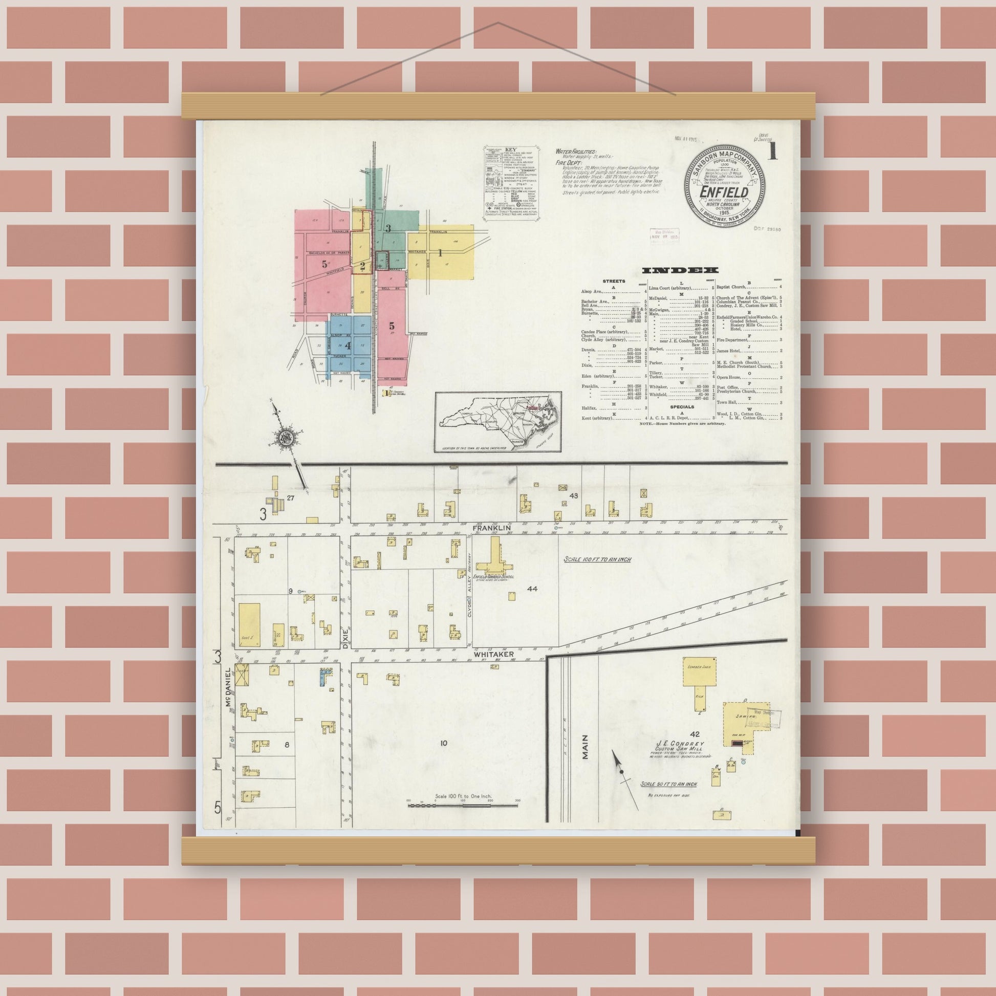 Old map wall art mockup — magnetic wood frame on brick wall — Sanborn Fire Insurance Map from Enfield, Halifax County, North Carolina (1915) - Complete Map Set