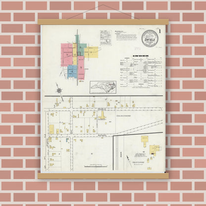 Old map wall art mockup — magnetic wood frame on brick wall — Sanborn Fire Insurance Map from Enfield, Halifax County, North Carolina (1915) - Complete Map Set