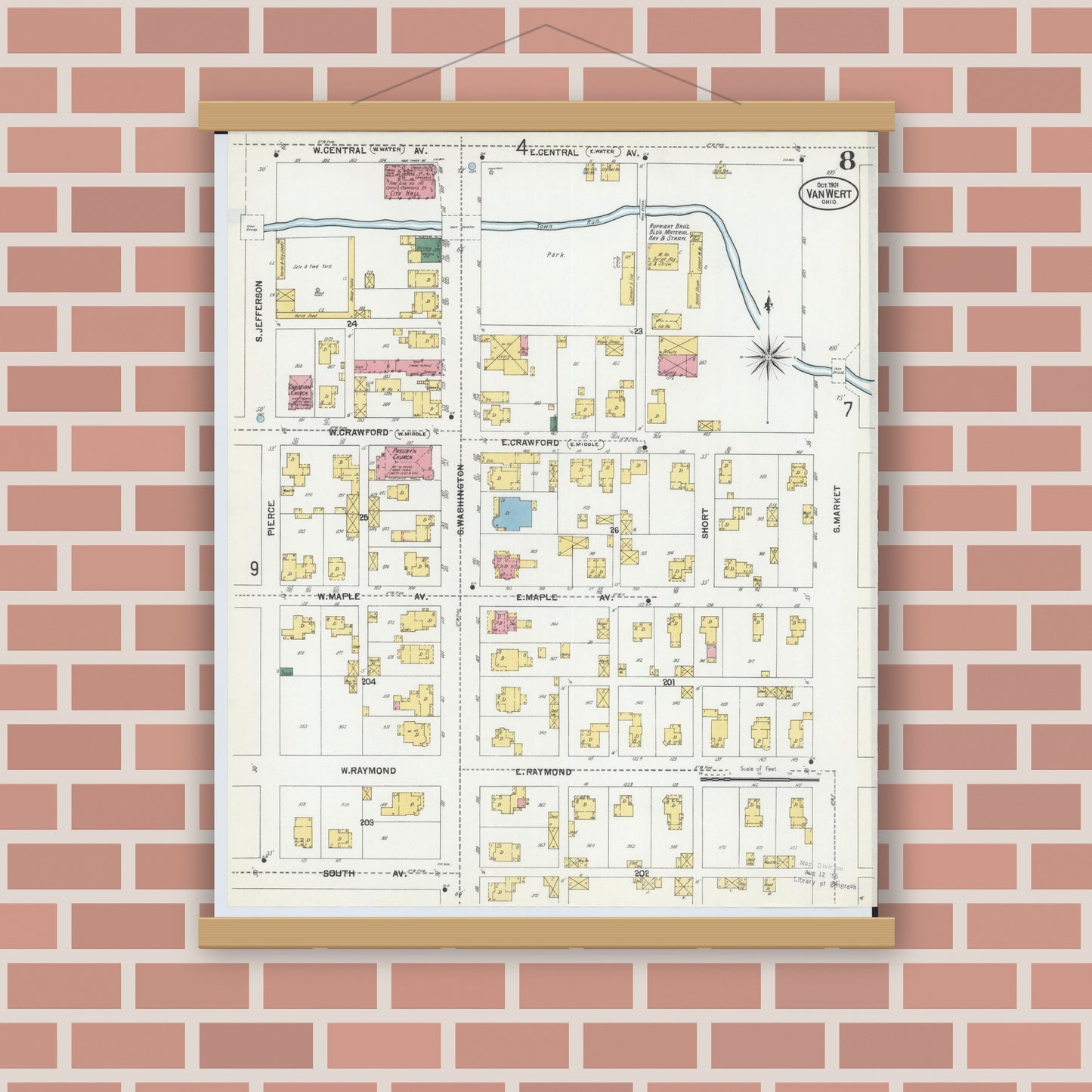 Old map wall art mockup — magnetic wood frame on brick wall — Sanborn Fire Insurance Map from Van Wert, Van Wert County, Ohio (1901), Sheet #0008