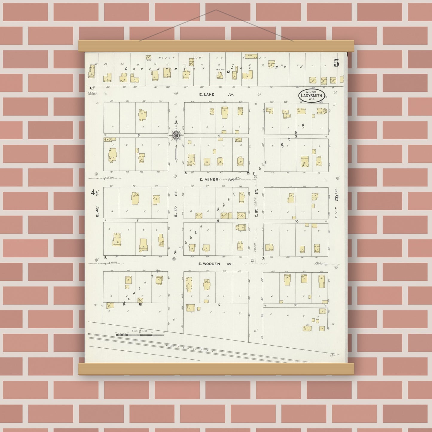 Old map wall art mockup — magnetic wood frame on brick wall — Sanborn Fire Insurance Map from Ladysmith, Rusk County, Wisconsin (1909), Sheet #0005