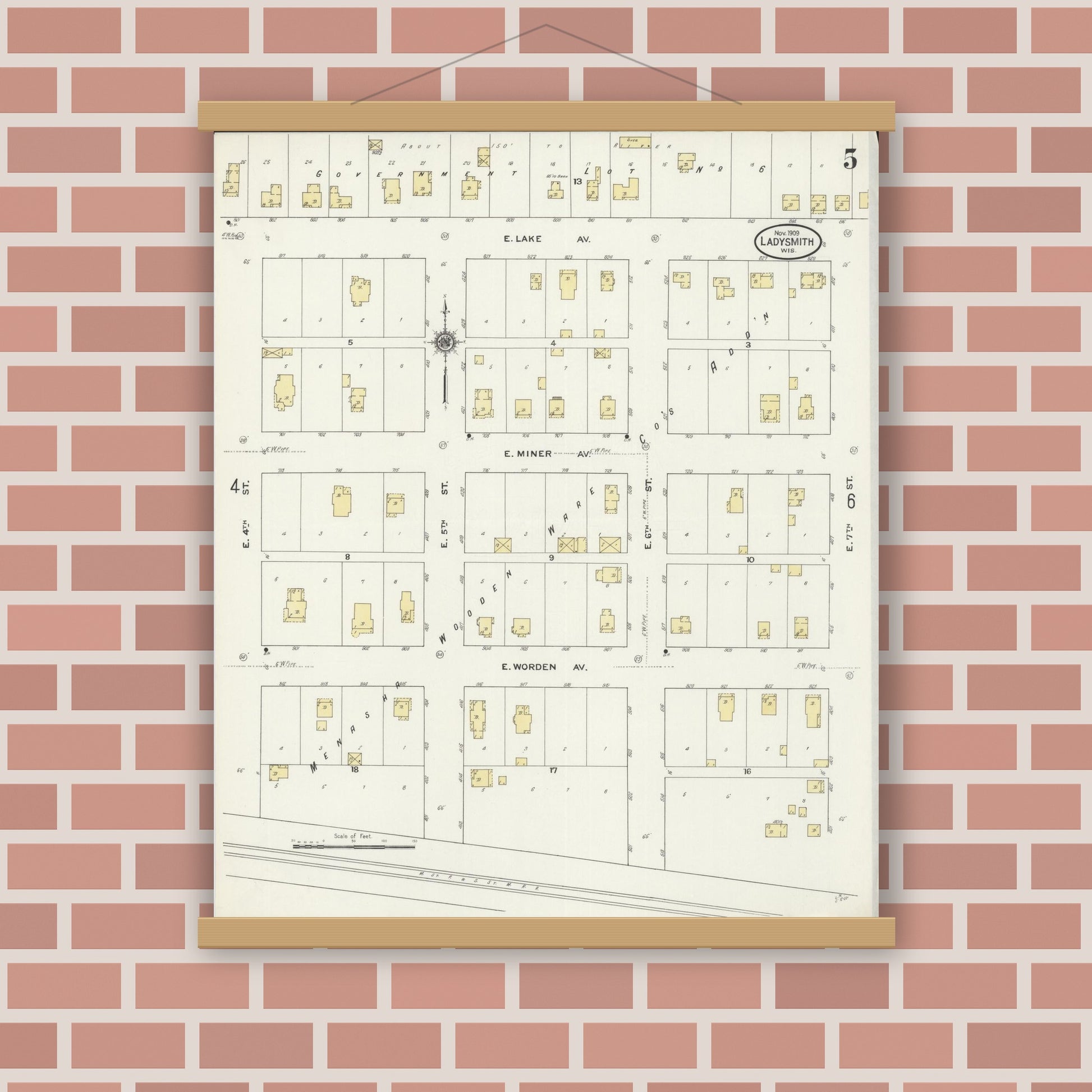 Old map wall art mockup — magnetic wood frame on brick wall — Sanborn Fire Insurance Map from Ladysmith, Rusk County, Wisconsin (1909), Sheet #0005