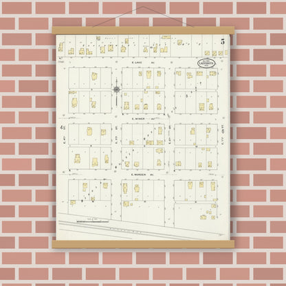 Old map wall art mockup — magnetic wood frame on brick wall — Sanborn Fire Insurance Map from Ladysmith, Rusk County, Wisconsin (1909), Sheet #0005