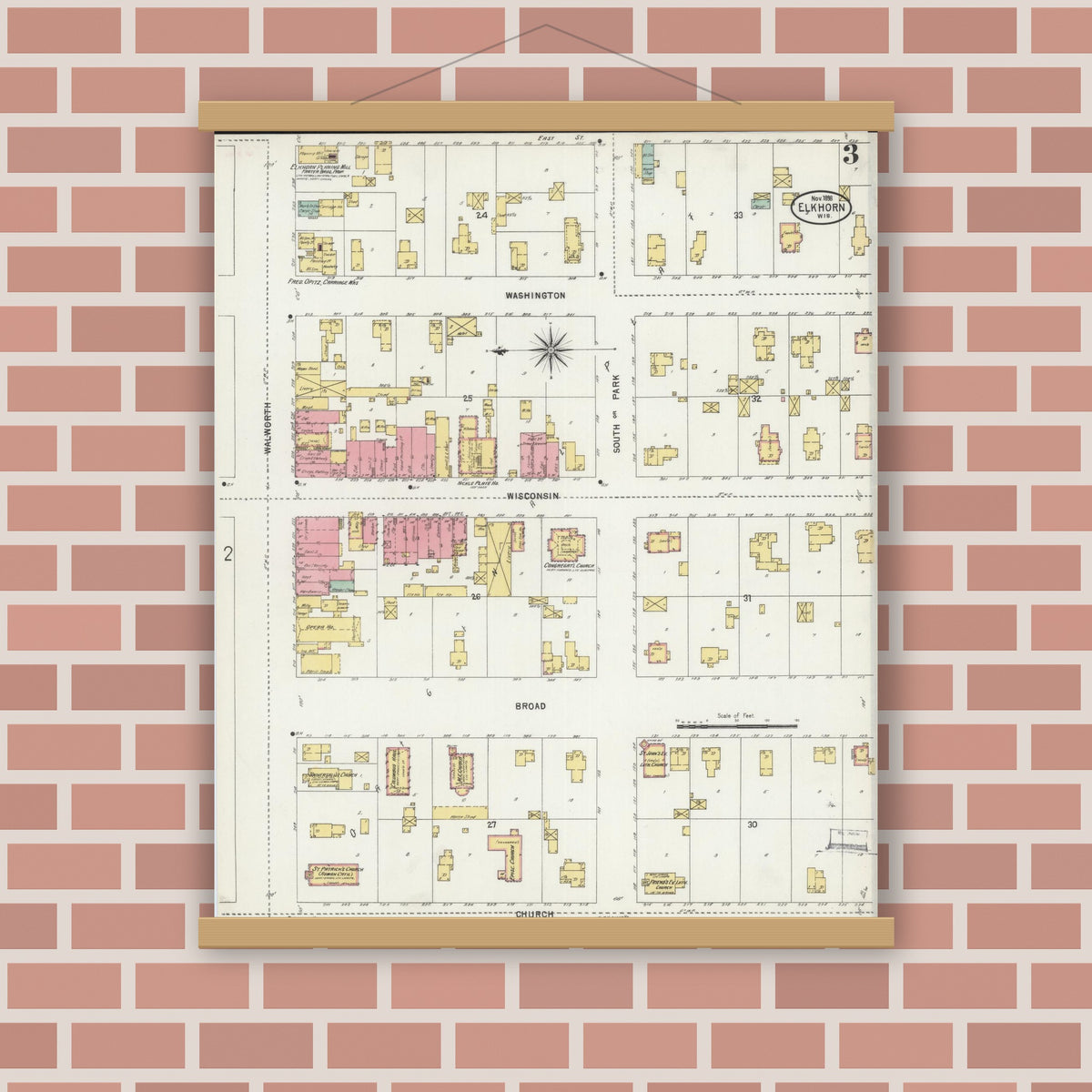 Old map wall art mockup — magnetic wood frame on brick wall — Sanborn Fire Insurance Map from Elkhorn, Walworth County, Wisconsin (1898), Sheet #0003
