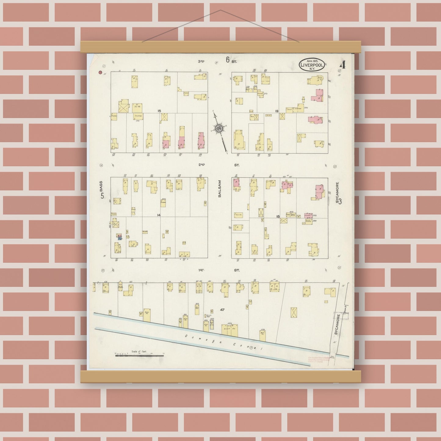 Old map wall art mockup — magnetic wood frame on brick wall — Sanborn Fire Insurance Map from Liverpool, Onondaga County, New York (1915), Sheet #0004