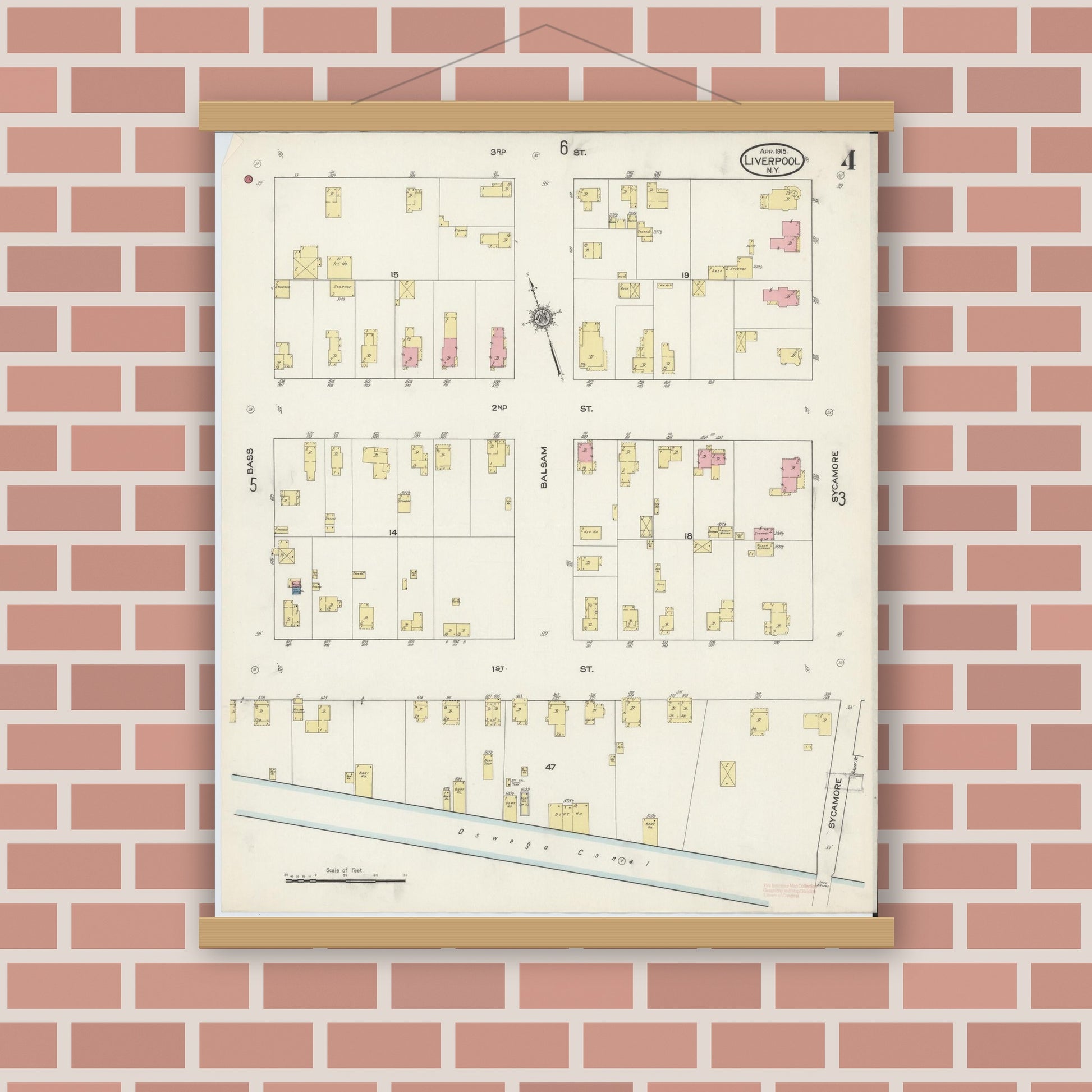 Old map wall art mockup — magnetic wood frame on brick wall — Sanborn Fire Insurance Map from Liverpool, Onondaga County, New York (1915), Sheet #0004