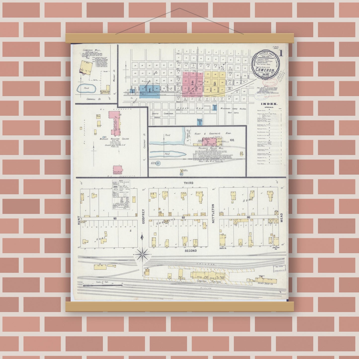 Old map wall art mockup — magnetic wood frame on brick wall — Sanborn Fire Insurance Map from Cameron, Clinton County, Missouri (1897) - Complete Map Set
