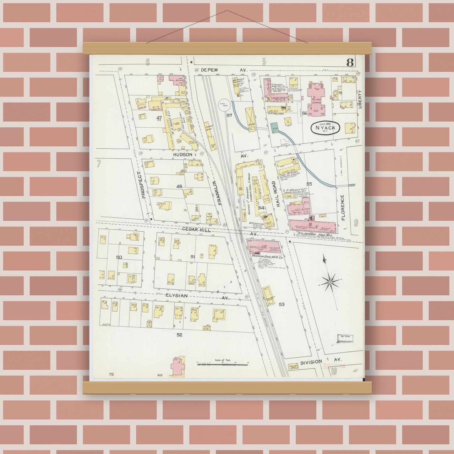 Old map wall art mockup — magnetic wood frame on brick wall — Sanborn Fire Insurance Map from Nyack, Rockland County, New York. (1892), Sheet #0008
