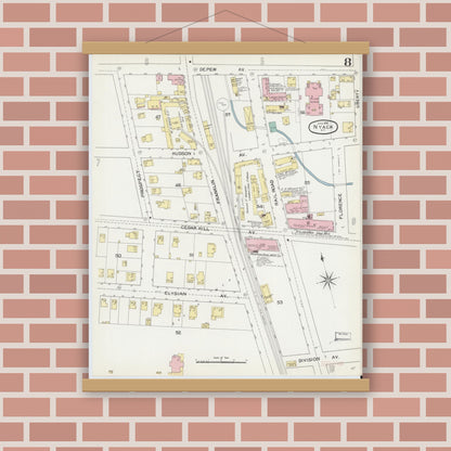 Old map wall art mockup — magnetic wood frame on brick wall — Sanborn Fire Insurance Map from Nyack, Rockland County, New York. (1892), Sheet #0008