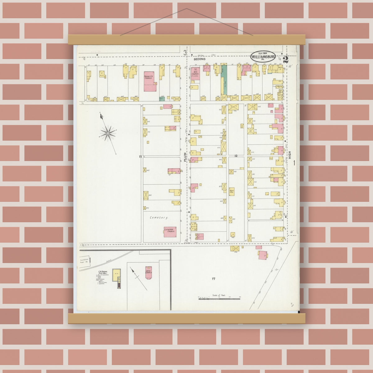 Old map wall art mockup — magnetic wood frame on brick wall — Sanborn Fire Insurance Map from Williamsburg, Blair County, Pennsylvania (1904), Sheet #0002