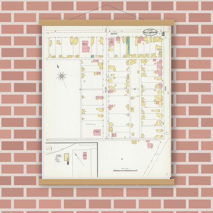 Old map wall art mockup — magnetic wood frame on brick wall — Sanborn Fire Insurance Map from Williamsburg, Blair County, Pennsylvania (1904), Sheet #0002