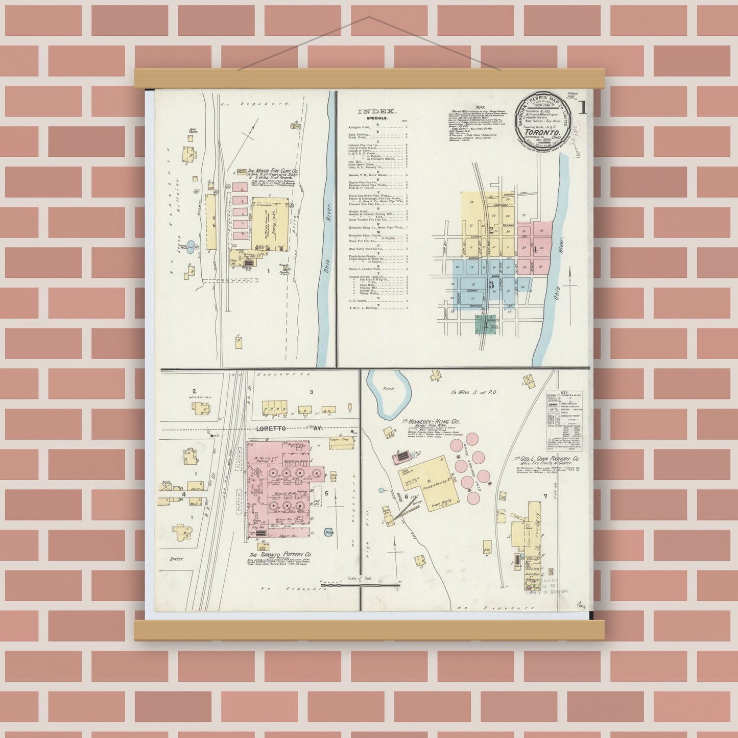 Old map wall art mockup — magnetic wood frame on brick wall — Sanborn Fire Insurance Map from Toronto, Jefferson County, Ohio (1897), Sheet #0001