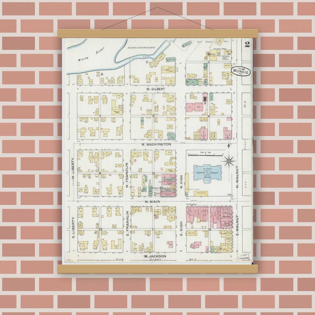 Old map wall art mockup — magnetic wood frame on brick wall — Sanborn Fire Insurance Map from Muncie, Delaware County, Indiana (1887), Sheet #0002