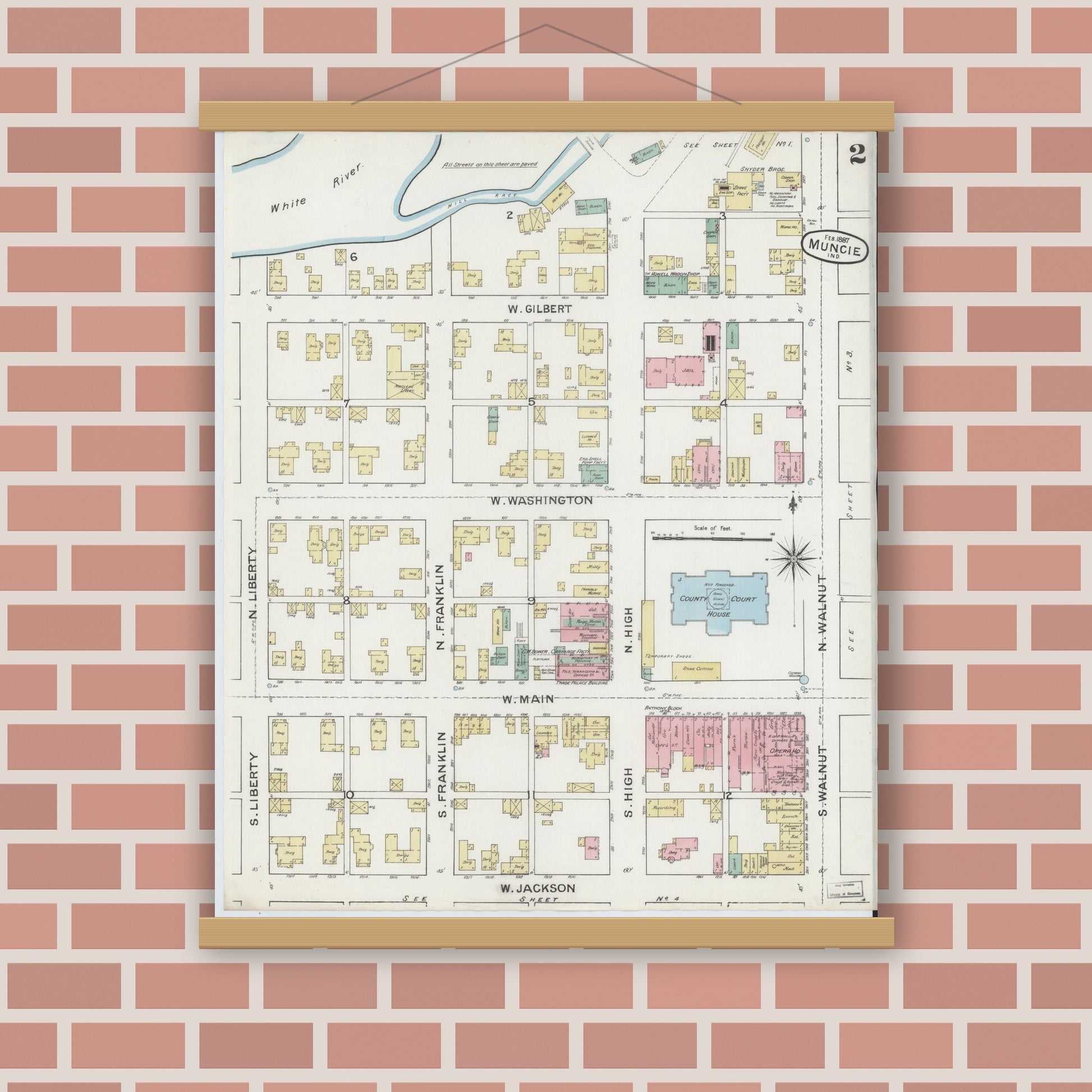 Old map wall art mockup — magnetic wood frame on brick wall — Sanborn Fire Insurance Map from Muncie, Delaware County, Indiana (1887), Sheet #0002