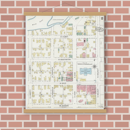 Old map wall art mockup — magnetic wood frame on brick wall — Sanborn Fire Insurance Map from Muncie, Delaware County, Indiana (1887), Sheet #0002