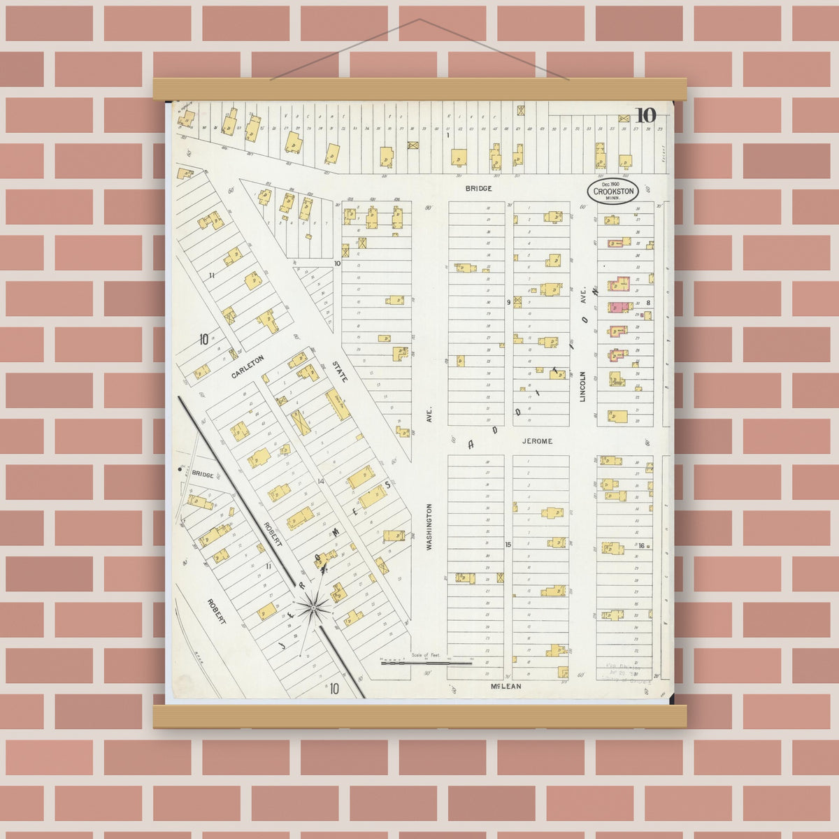 Old map wall art mockup — magnetic wood frame on brick wall — Sanborn Fire Insurance Map from Crookston, Polk County, Minnesota (1900), Sheet #0010