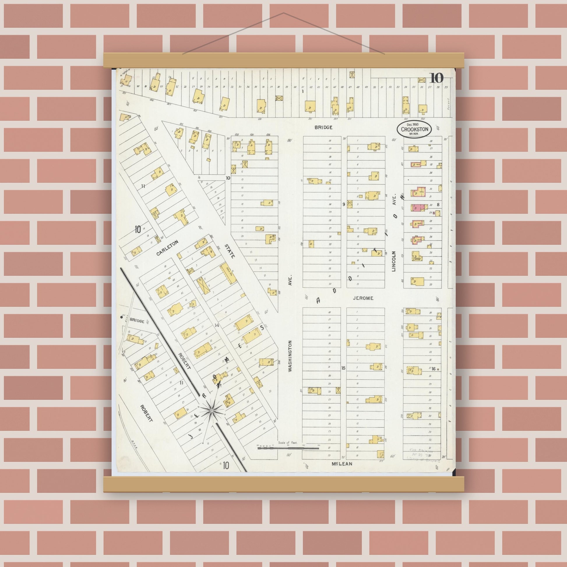 Old map wall art mockup — magnetic wood frame on brick wall — Sanborn Fire Insurance Map from Crookston, Polk County, Minnesota (1900), Sheet #0010