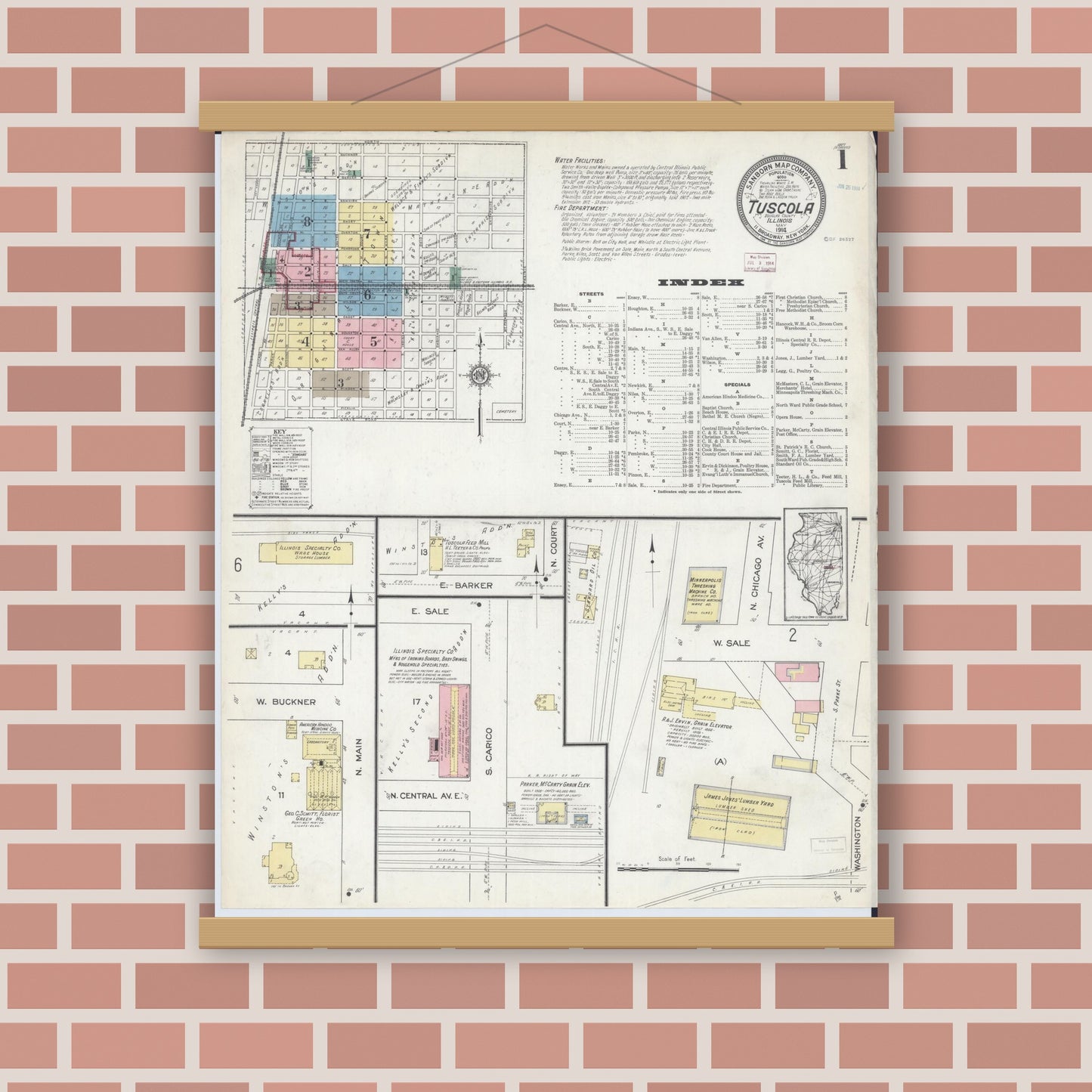 Old map wall art mockup — magnetic wood frame on brick wall — Sanborn Fire Insurance Map from Tuscola, Douglas County, Illinois (1914) - Complete Map Set