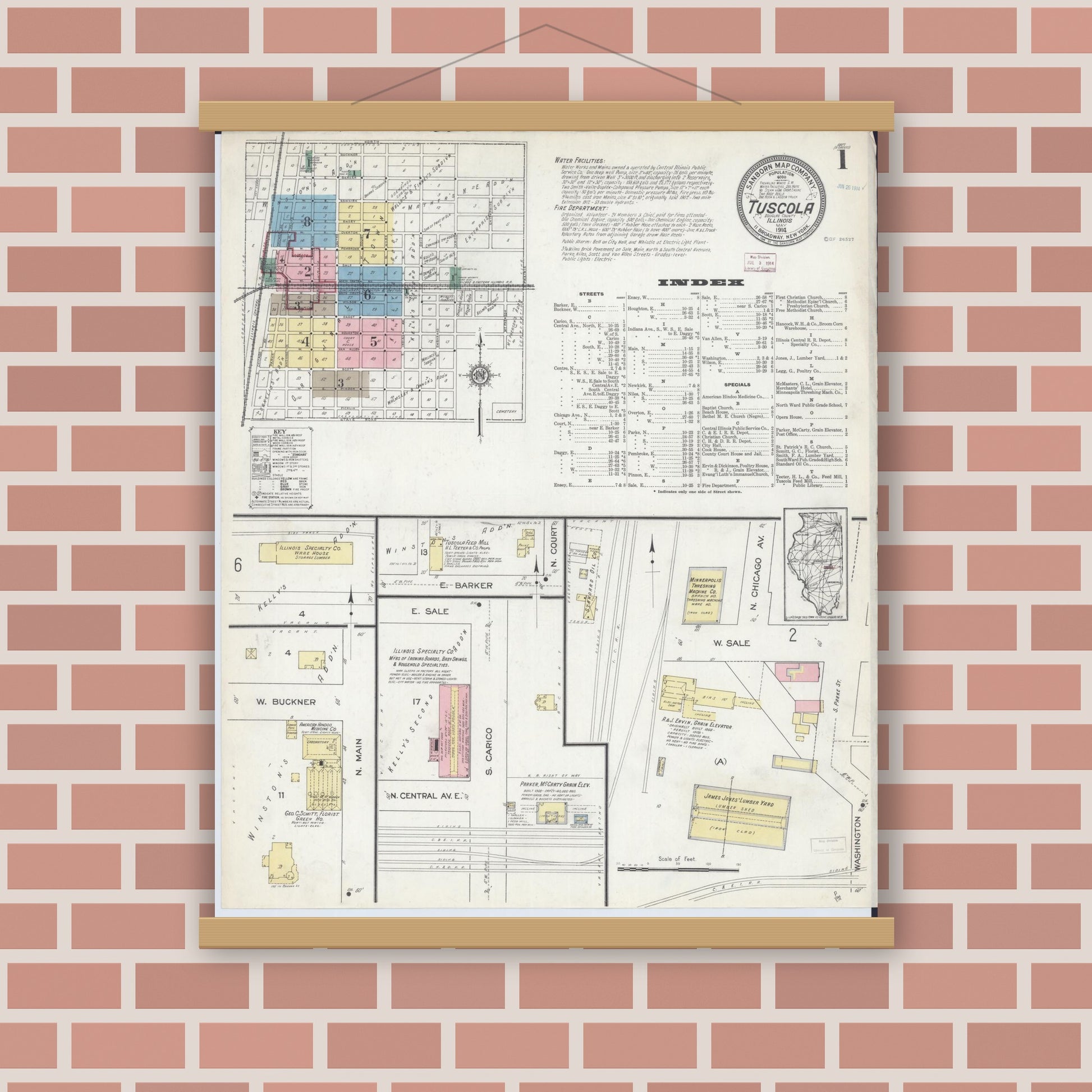Old map wall art mockup — magnetic wood frame on brick wall — Sanborn Fire Insurance Map from Tuscola, Douglas County, Illinois (1914) - Complete Map Set