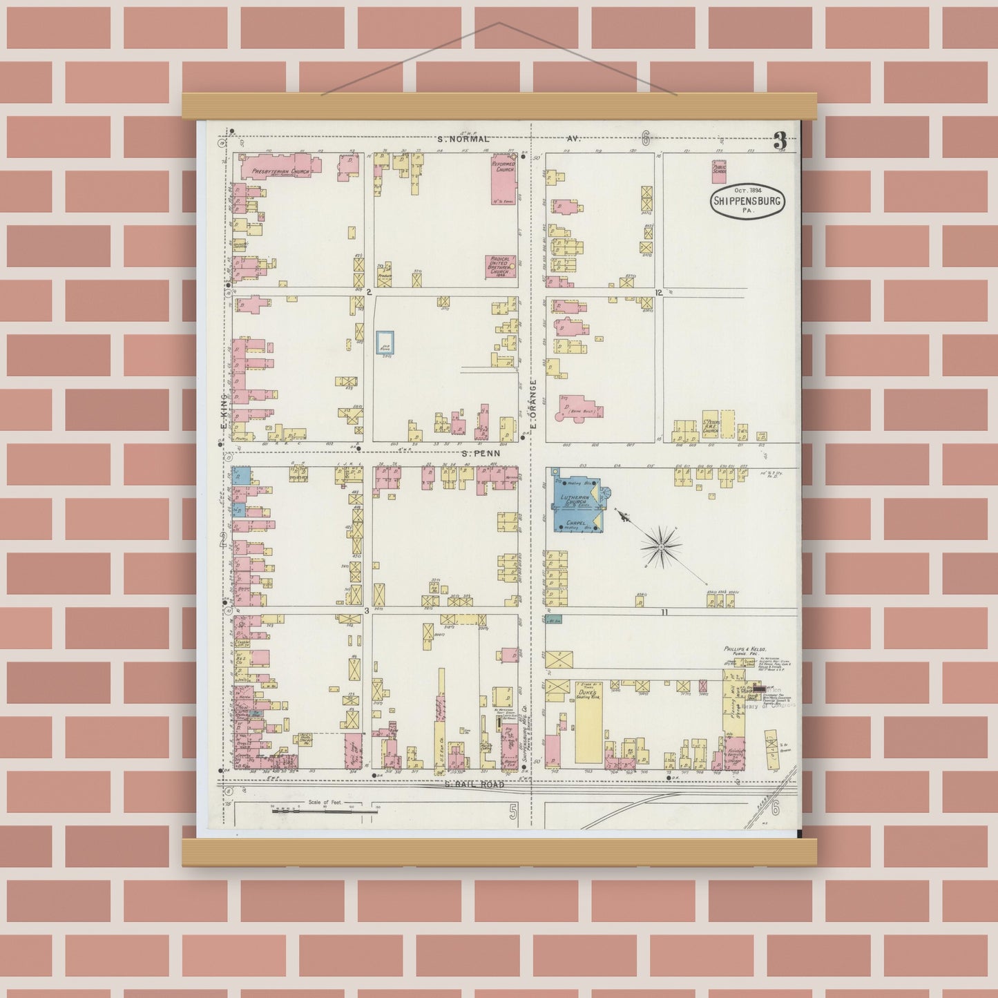Old map wall art mockup — magnetic wood frame on brick wall — Sanborn Fire Insurance Map from Shippensburg, Cumberland And Franklin Counties, Pennsylvania (1894), Sheet #0003