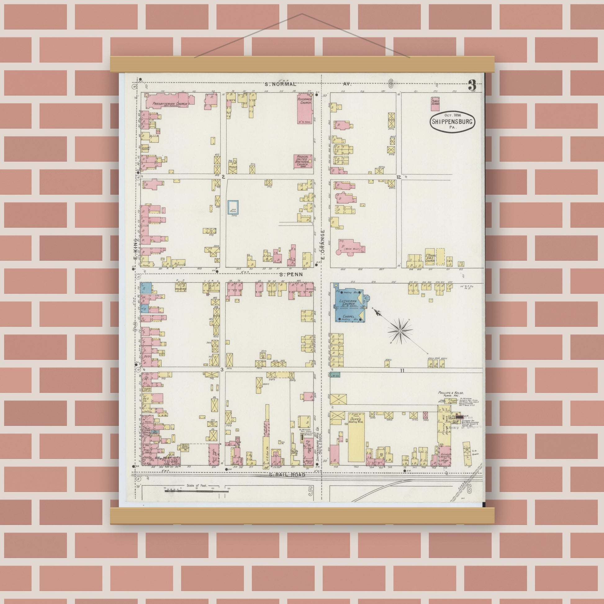 Old map wall art mockup — magnetic wood frame on brick wall — Sanborn Fire Insurance Map from Shippensburg, Cumberland And Franklin Counties, Pennsylvania (1894), Sheet #0003