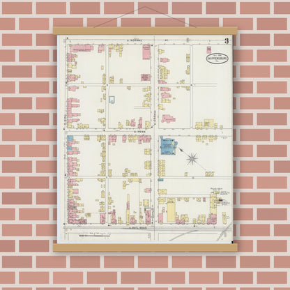 Old map wall art mockup — magnetic wood frame on brick wall — Sanborn Fire Insurance Map from Shippensburg, Cumberland And Franklin Counties, Pennsylvania (1894), Sheet #0003