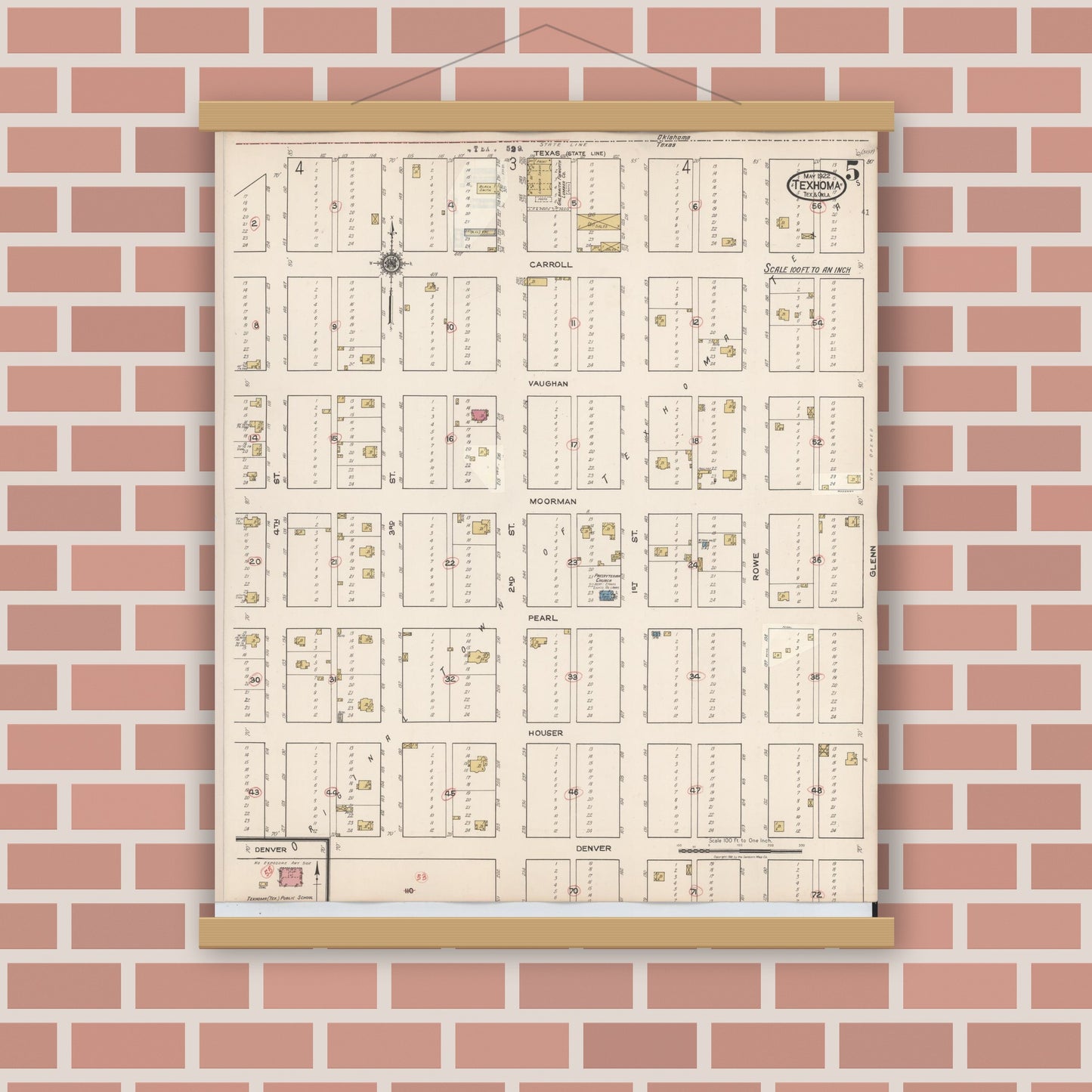 Old map wall art mockup — magnetic wood frame on brick wall — Sanborn Fire Insurance Map from Texhoma, Texas County, Oklahoma and Sherman County, Texas, Texas (1930), Sheet #0005