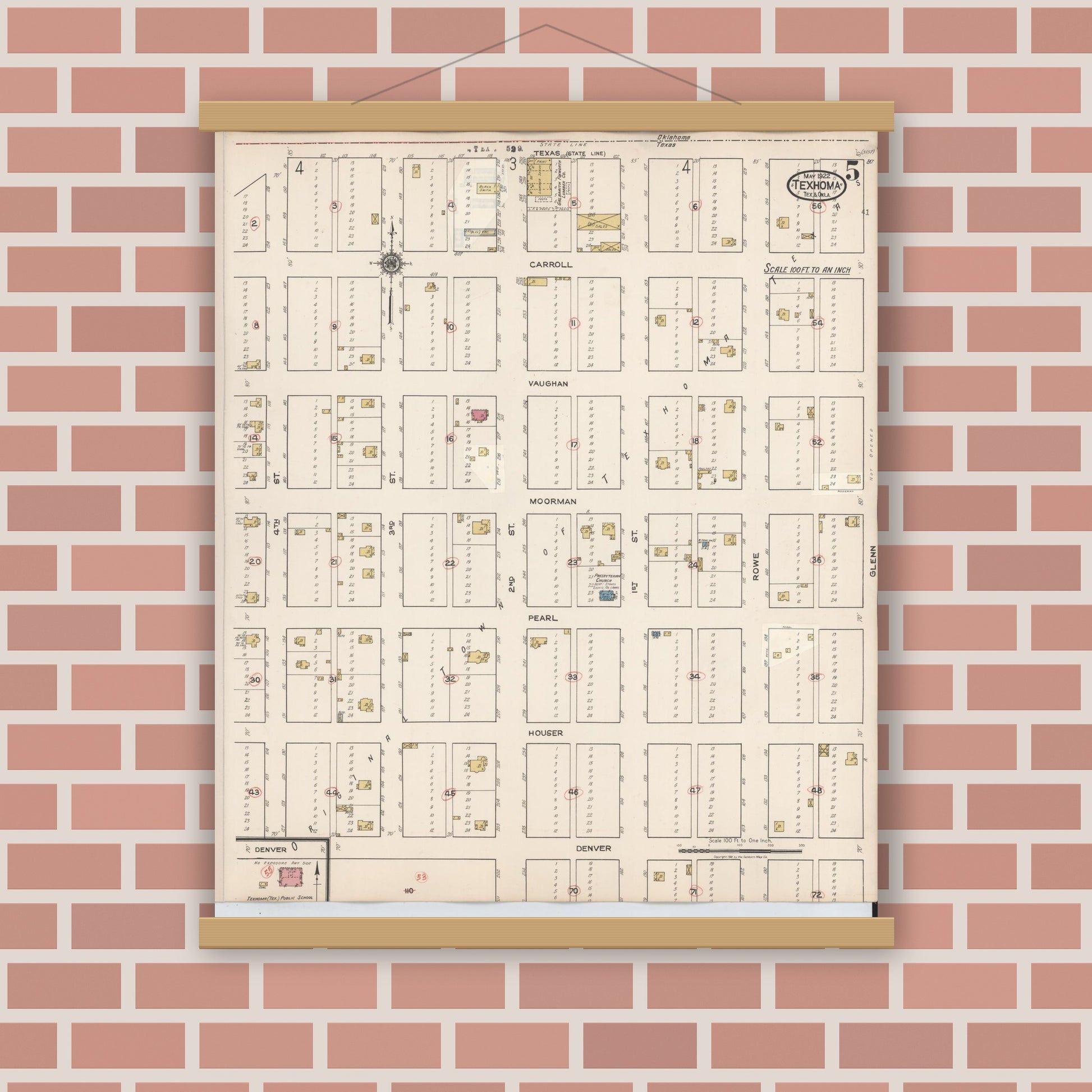 Old map wall art mockup — magnetic wood frame on brick wall — Sanborn Fire Insurance Map from Texhoma, Texas County, Oklahoma and Sherman County, Texas, Texas (1930), Sheet #0005