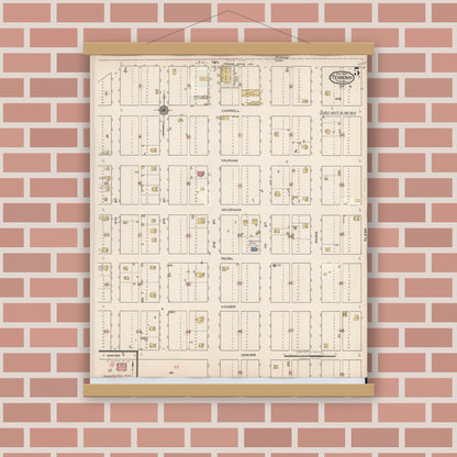 Old map wall art mockup — magnetic wood frame on brick wall — Sanborn Fire Insurance Map from Texhoma, Texas County, Oklahoma and Sherman County, Texas, Texas (1930), Sheet #0005