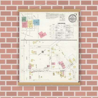 Old map wall art mockup — magnetic wood frame on brick wall — Sanborn Fire Insurance Map from Morganton, Burke County, North Carolina (1910) - Complete Map Set
