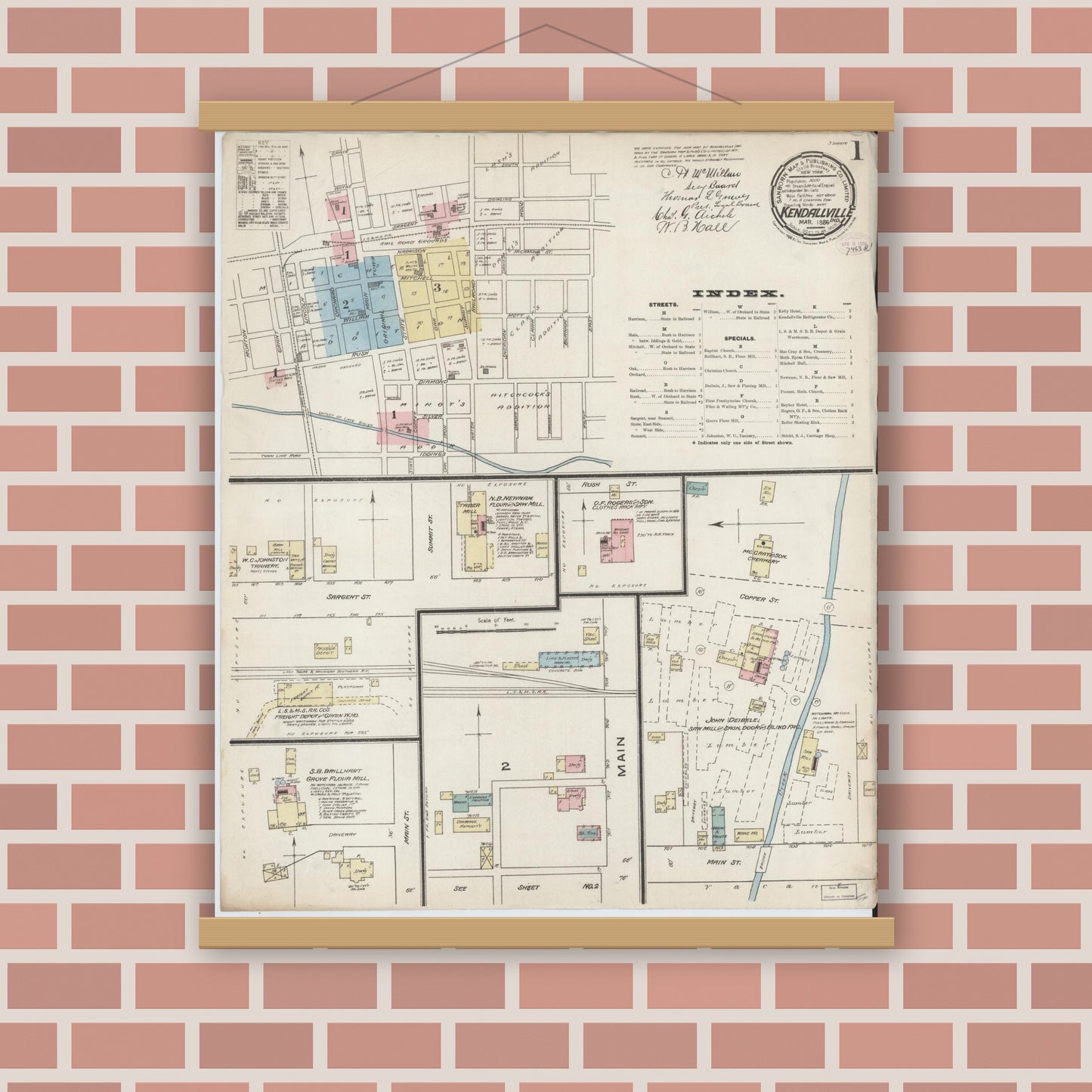 Old map wall art mockup — magnetic wood frame on brick wall — Sanborn Fire Insurance Map from Kendallville, Noble County, Indiana (1886) - Complete Map Set