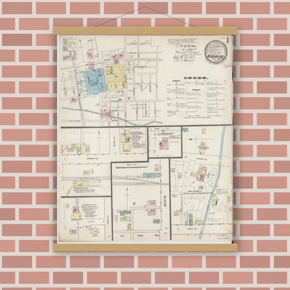 Old map wall art mockup — magnetic wood frame on brick wall — Sanborn Fire Insurance Map from Kendallville, Noble County, Indiana (1886) - Complete Map Set