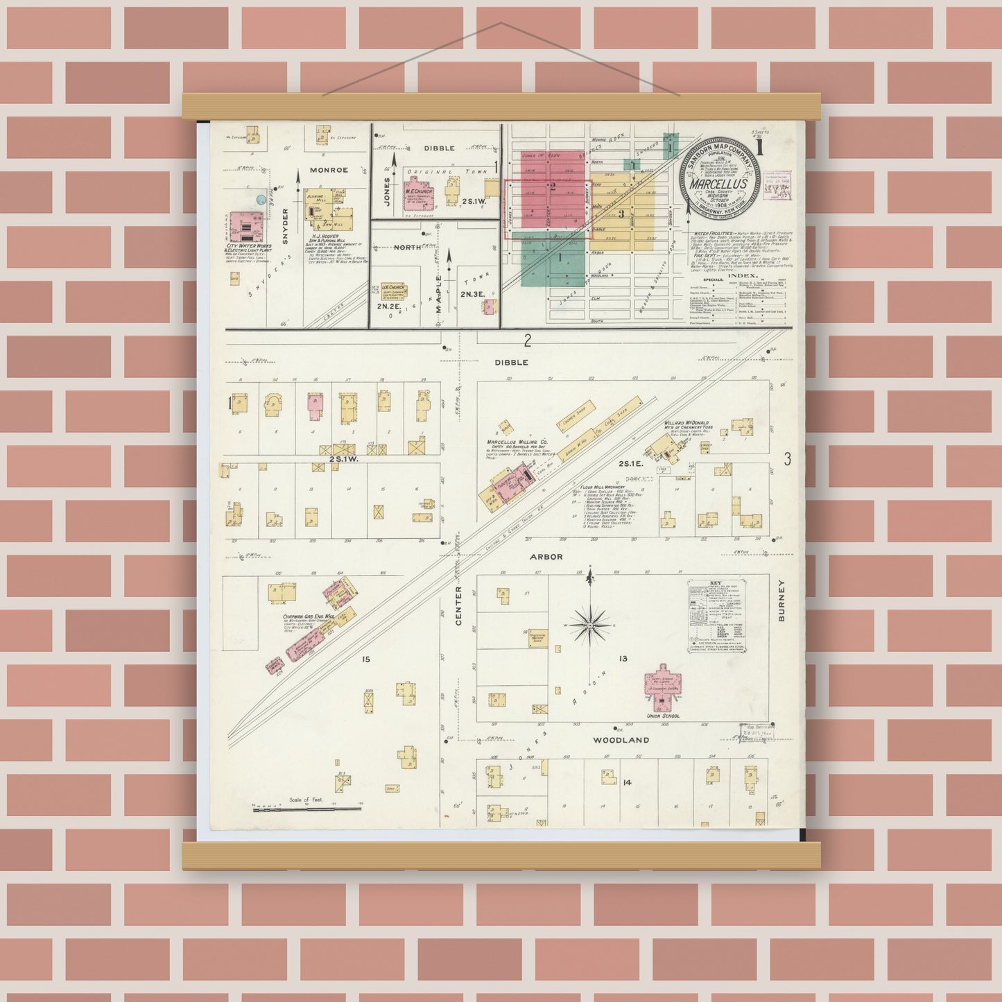 Old map wall art mockup — magnetic wood frame on brick wall — Sanborn Fire Insurance Map from Marcellus, Cass County, Michigan (1908) - Complete Map Set