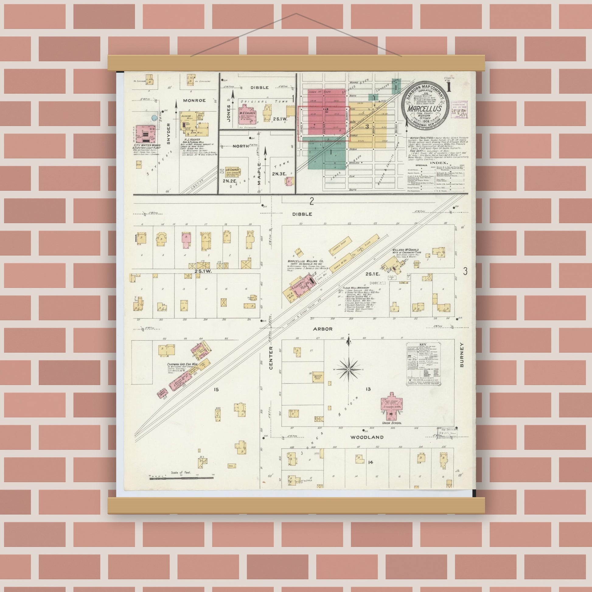 Old map wall art mockup — magnetic wood frame on brick wall — Sanborn Fire Insurance Map from Marcellus, Cass County, Michigan (1908) - Complete Map Set