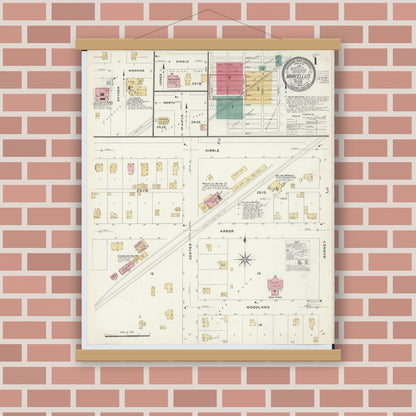 Old map wall art mockup — magnetic wood frame on brick wall — Sanborn Fire Insurance Map from Marcellus, Cass County, Michigan (1908) - Complete Map Set
