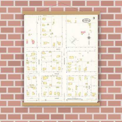 Old map wall art mockup — magnetic wood frame on brick wall — Sanborn Fire Insurance Map from Bloomfield, Davis County, Iowa (1913), Sheet #0003