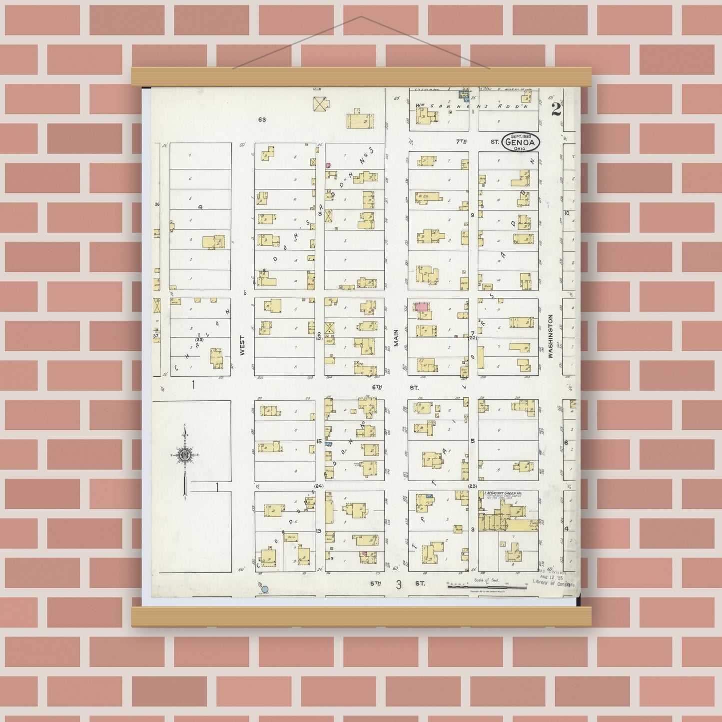 Old map wall art mockup — magnetic wood frame on brick wall — Sanborn Fire Insurance Map from Genoa, Ottawa County, Ohio (1920), Sheet #0002