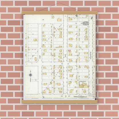 Old map wall art mockup — magnetic wood frame on brick wall — Sanborn Fire Insurance Map from Genoa, Ottawa County, Ohio (1920), Sheet #0002