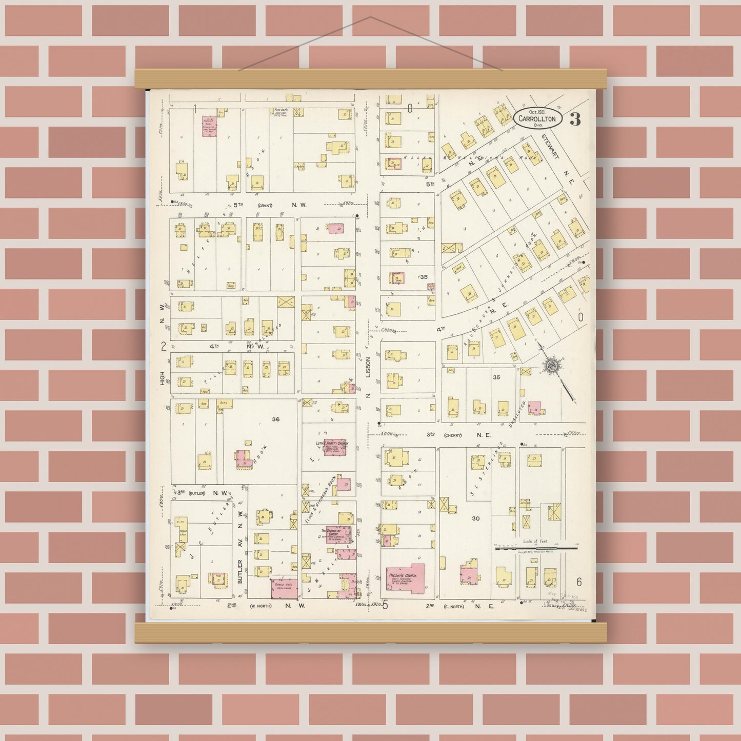 Old map wall art mockup — magnetic wood frame on brick wall — Sanborn Fire Insurance Map from Carrollton, Carroll County, Ohio (1921), Sheet #0003