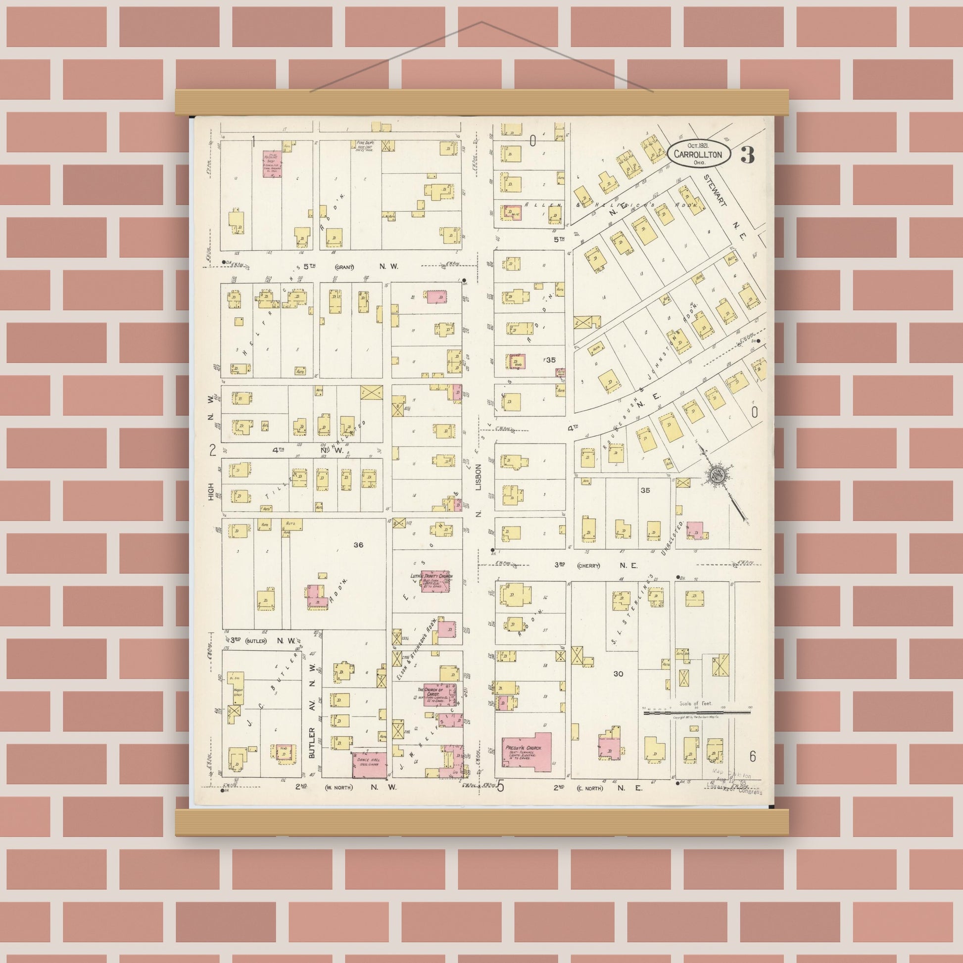 Old map wall art mockup — magnetic wood frame on brick wall — Sanborn Fire Insurance Map from Carrollton, Carroll County, Ohio (1921), Sheet #0003