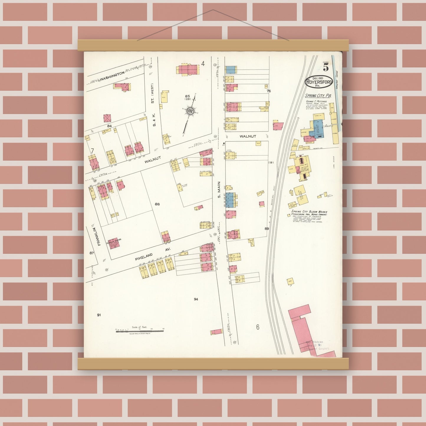 Old map wall art mockup — magnetic wood frame on brick wall — Sanborn Fire Insurance Map from Royersford, Montgomery County, Pennsylvania (1921), Sheet #0005