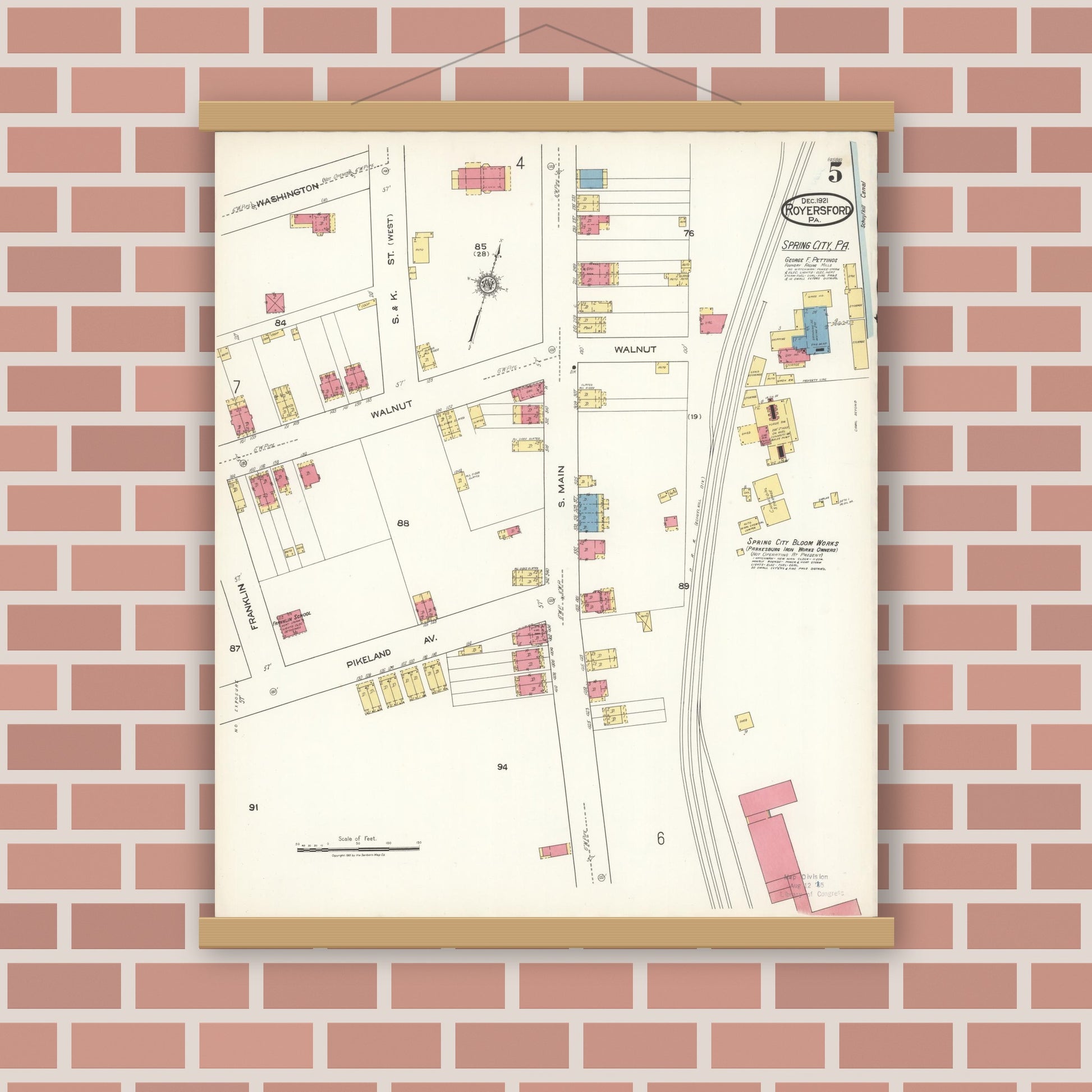 Old map wall art mockup — magnetic wood frame on brick wall — Sanborn Fire Insurance Map from Royersford, Montgomery County, Pennsylvania (1921), Sheet #0005