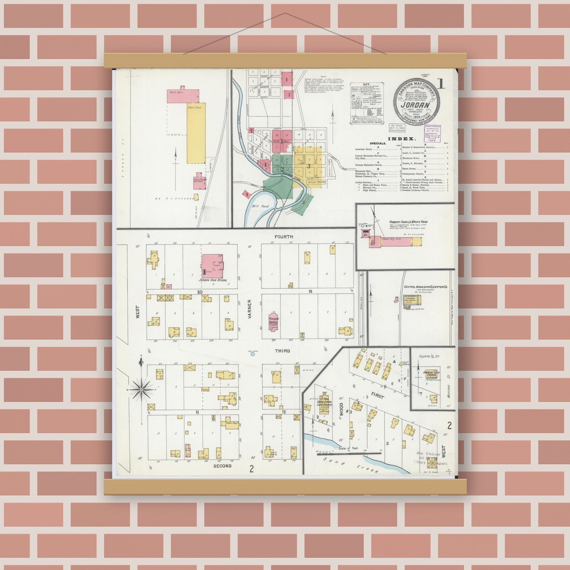 Old map wall art mockup — magnetic wood frame on brick wall — Sanborn Fire Insurance Map from Jordan, Scott County, Minnesota (1904) - Complete Map Set