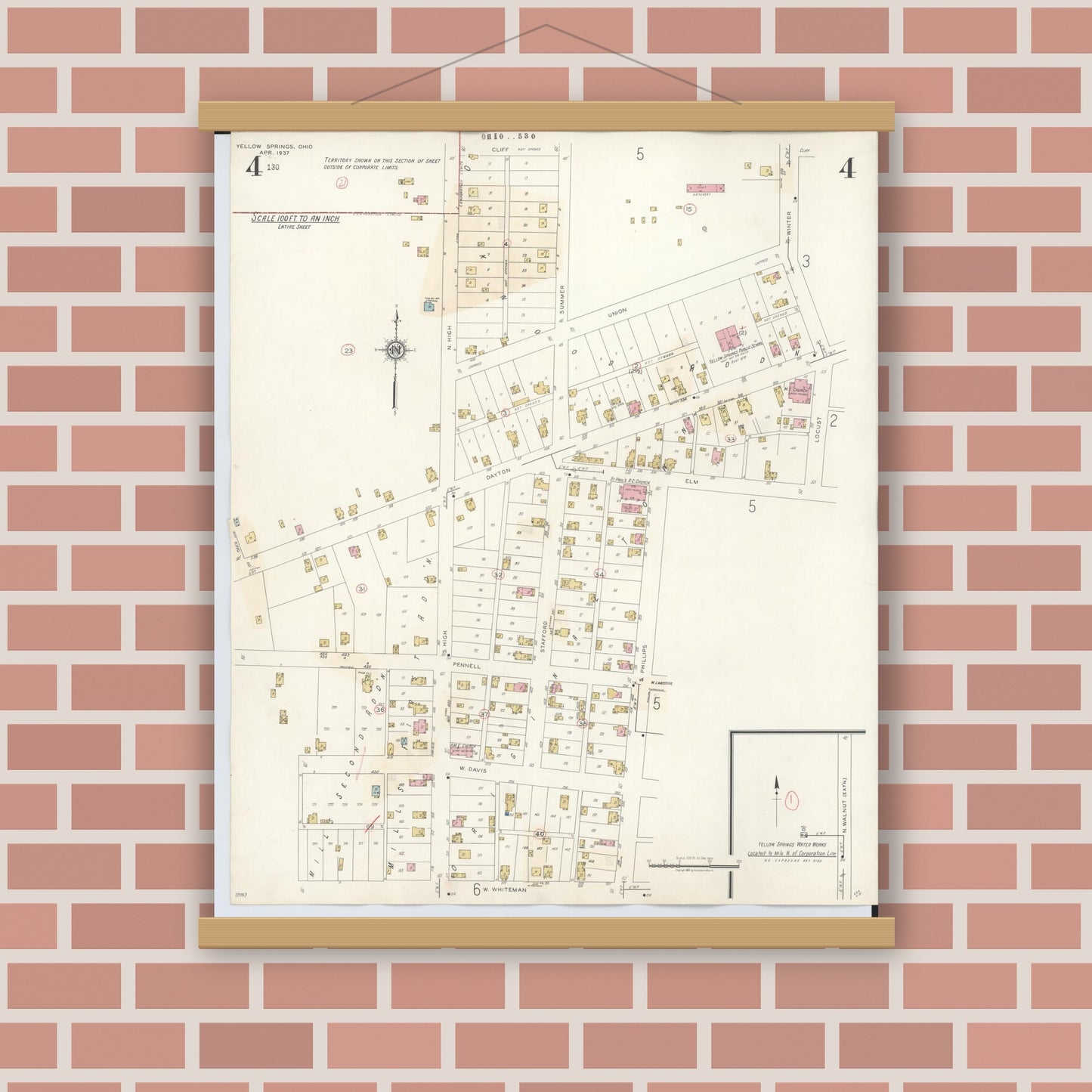 Old map wall art mockup — magnetic wood frame on brick wall — Sanborn Fire Insurance Map from Yellow Springs, Greene County, Ohio (1945), Sheet #0004