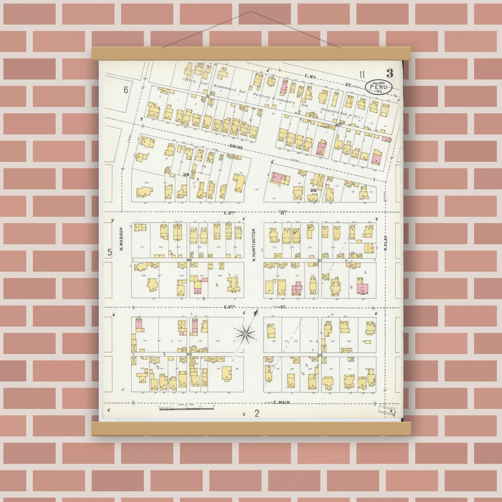 Old map wall art mockup — magnetic wood frame on brick wall — Sanborn Fire Insurance Map from Peru, Miami County, Indiana (1899), Sheet #0003