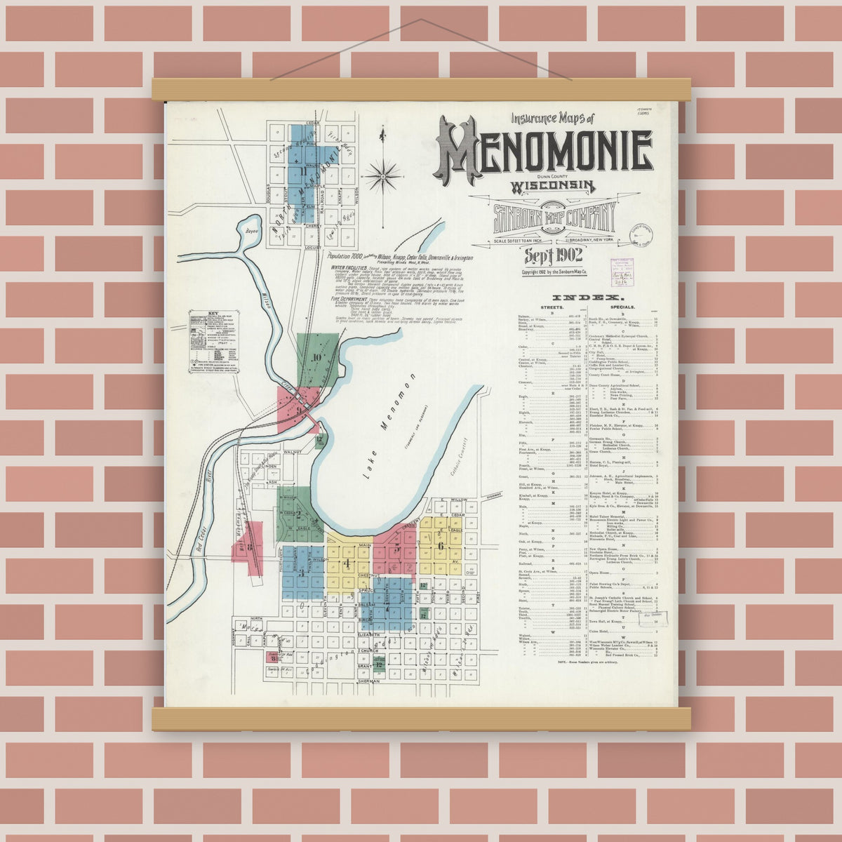 Old map wall art mockup — magnetic wood frame on brick wall — Sanborn Fire Insurance Map from Menomonie, Dunn County, Wisconsin (1902) - Complete Map Set