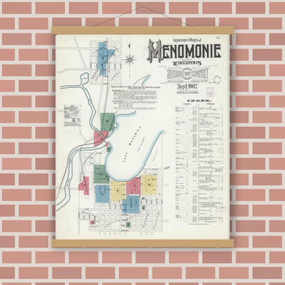 Old map wall art mockup — magnetic wood frame on brick wall — Sanborn Fire Insurance Map from Menomonie, Dunn County, Wisconsin (1902) - Complete Map Set