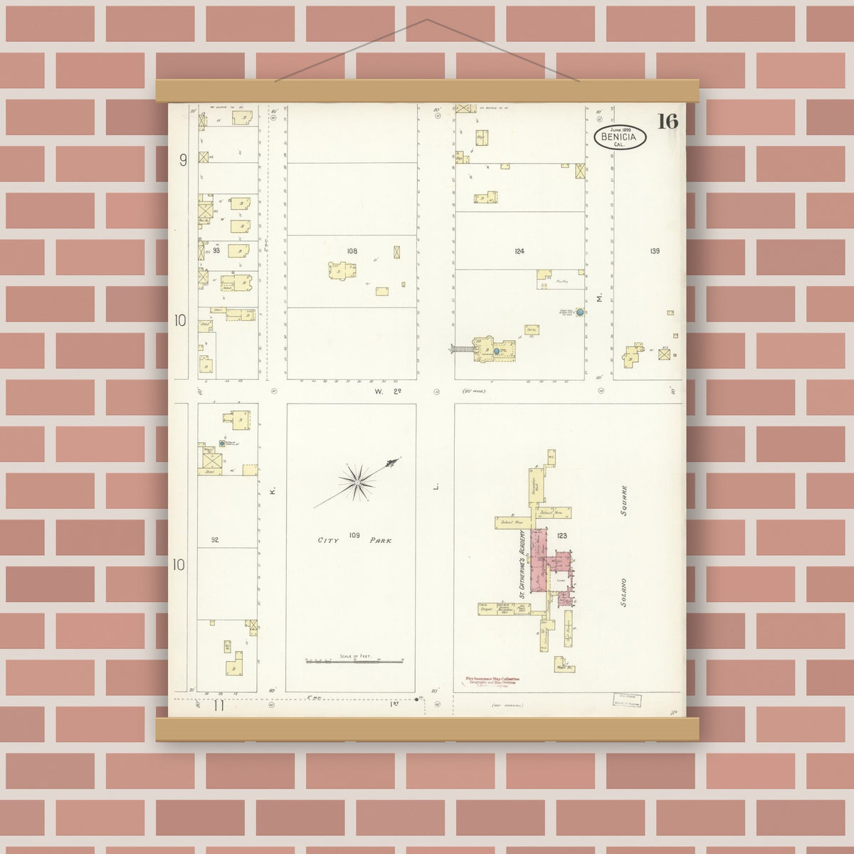 Old map wall art mockup — magnetic wood frame on brick wall — Sanborn Fire Insurance Map from Benicia, Solano County, California (1899), Sheet #0016