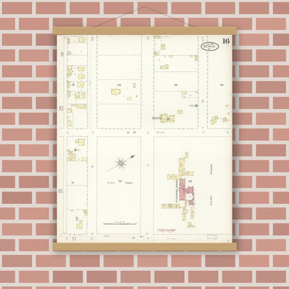 Old map wall art mockup — magnetic wood frame on brick wall — Sanborn Fire Insurance Map from Benicia, Solano County, California (1899), Sheet #0016