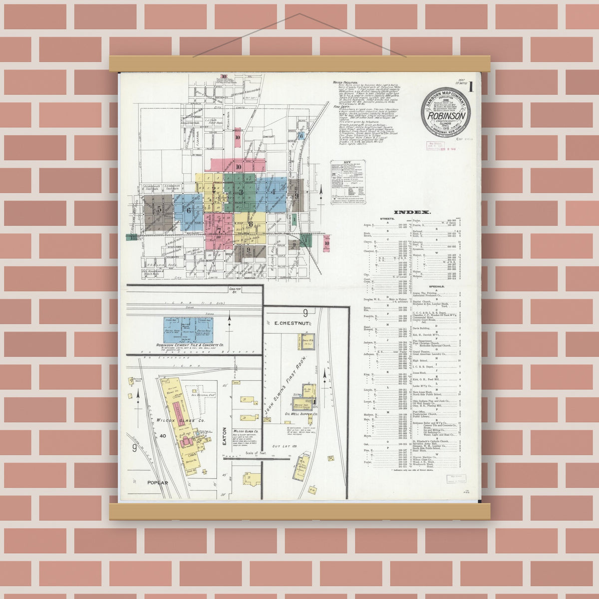 Old map wall art mockup — magnetic wood frame on brick wall — Sanborn Fire Insurance Map from Robinson, Crawford County, Illinois (1910), Sheet #0001