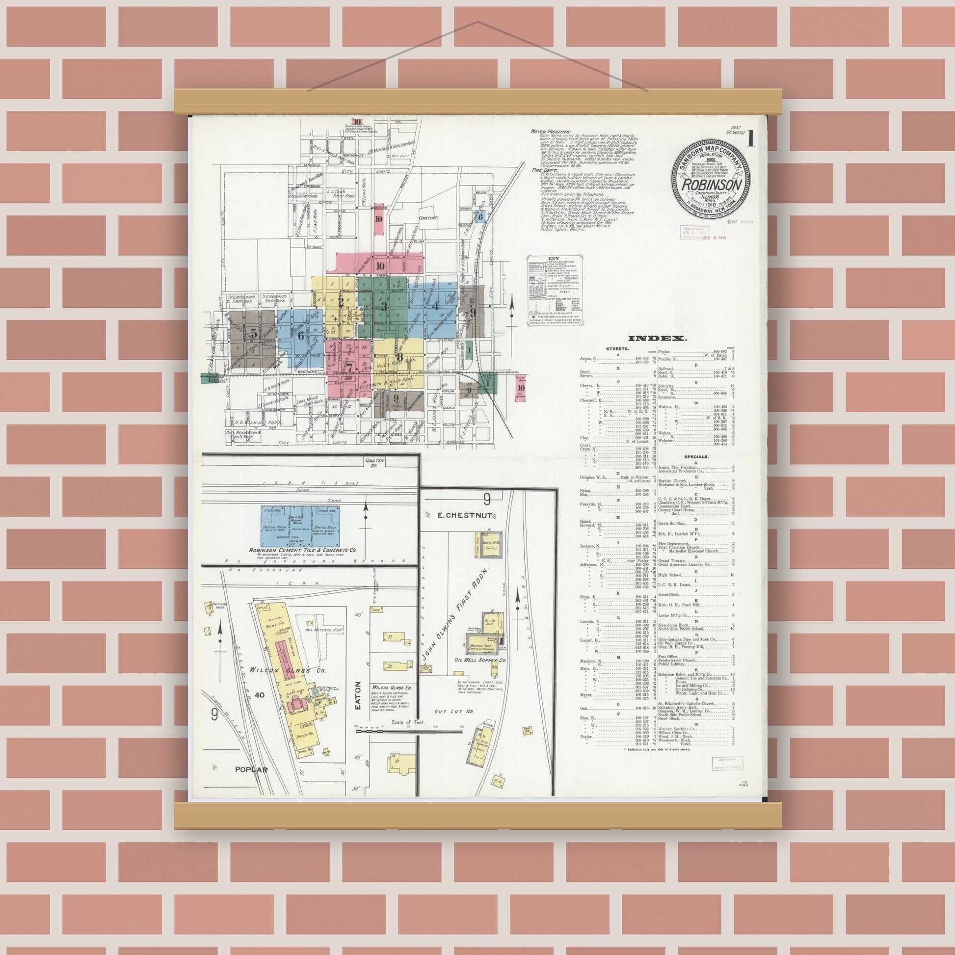 Old map wall art mockup — magnetic wood frame on brick wall — Sanborn Fire Insurance Map from Robinson, Crawford County, Illinois (1910), Sheet #0001